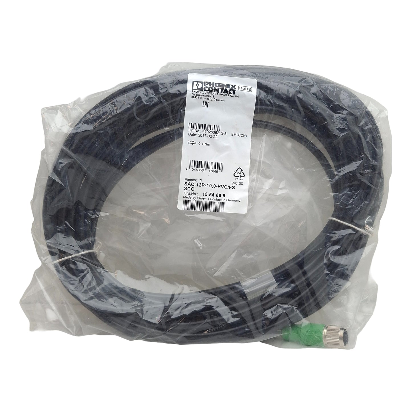 New Phoenix Contact 1554885 Sensor/Actuator Cable, 12-Pin M12 Female to Leads, 10m