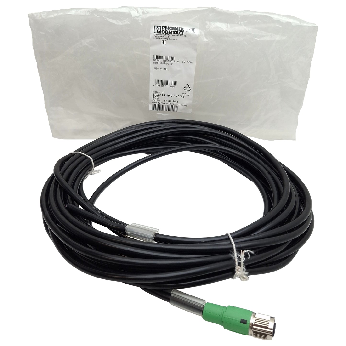 New Phoenix Contact 1554885 Sensor/Actuator Cable, 12-Pin M12 Female to Leads, 10m