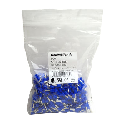 New Lot of 500 Weidmuller 9019160000 Wire End Ferrule, H2,5/15D blau, AWG14