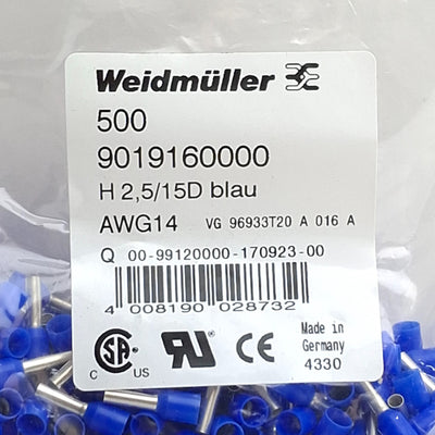 New Lot of 500 Weidmuller 9019160000 Wire End Ferrule, H2,5/15D blau, AWG14