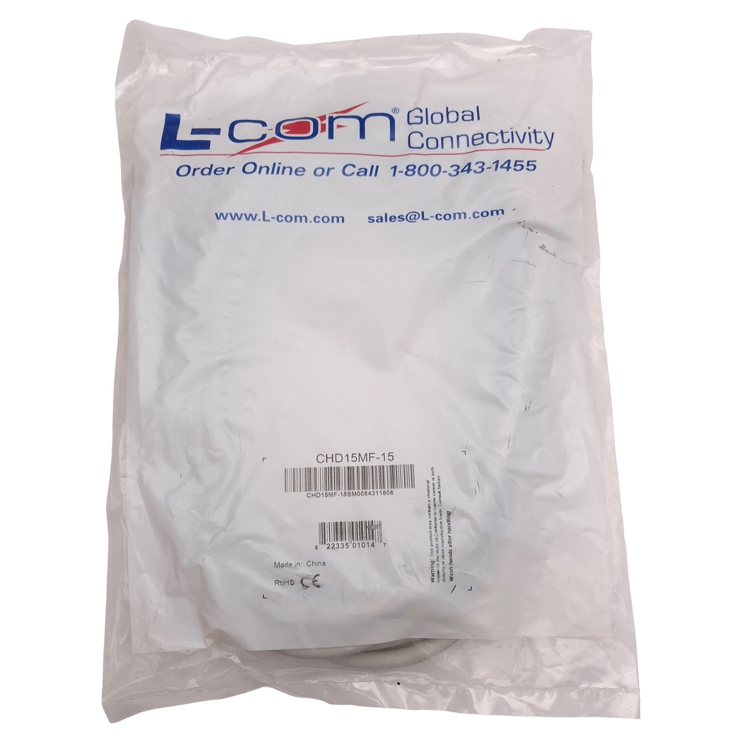 New L-Com CHD15MF-15 Deluxe Molded D-Sub Cable, DB15 Male to Female, 15ft Long