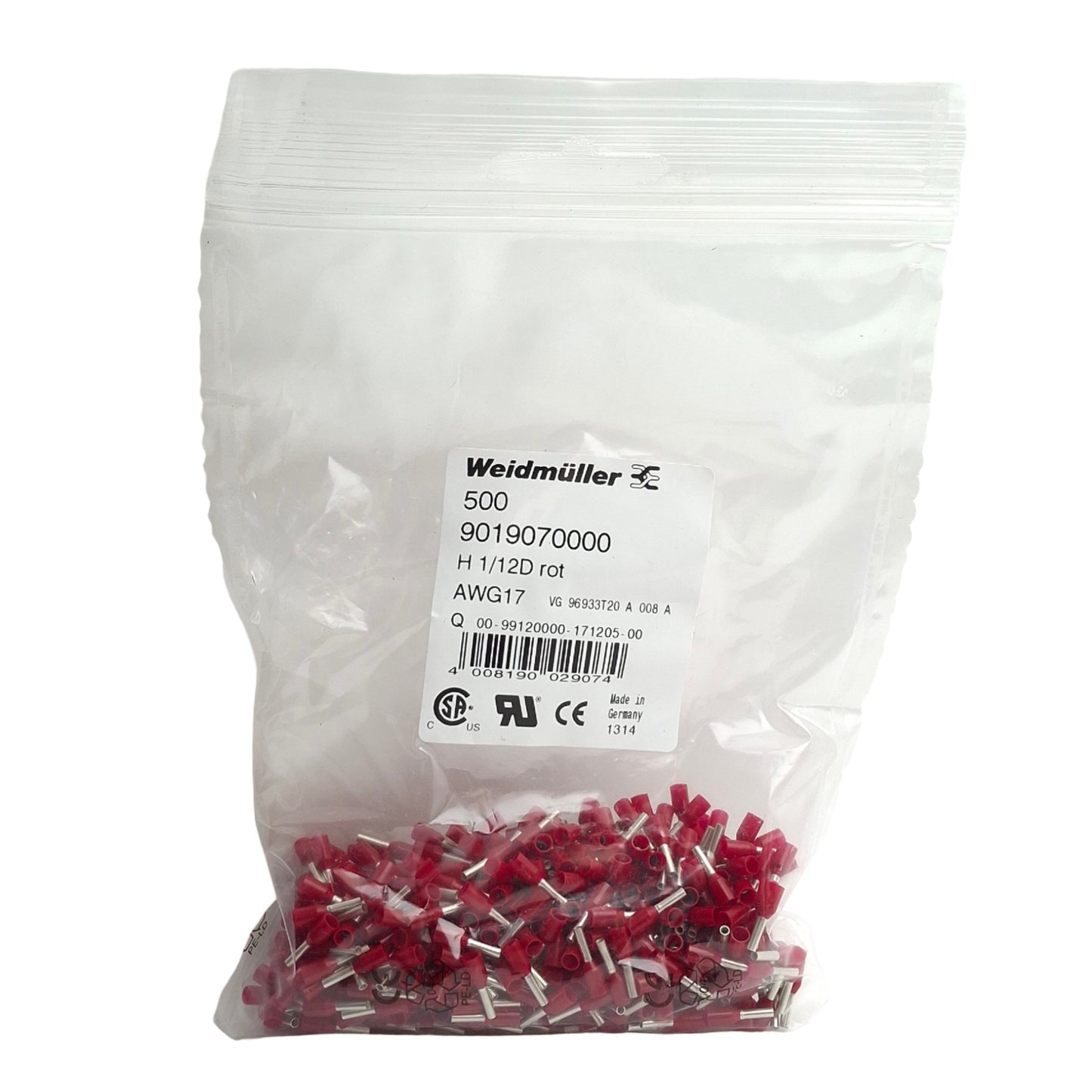 New Lot of 500 Weidmuller 9019070000 Wire End Ferrule, H1/12D rot, AWG17, 6mm Length