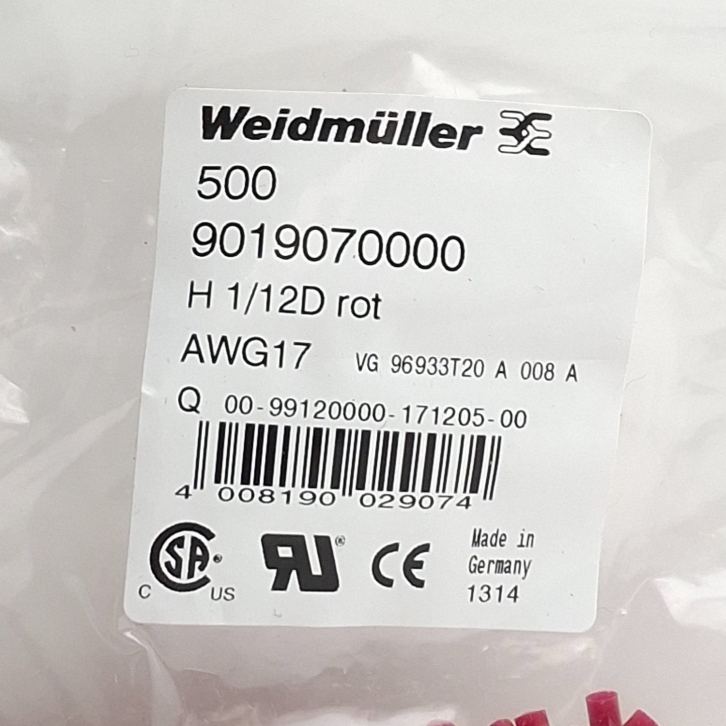 New Lot of 500 Weidmuller 9019070000 Wire End Ferrule, H1/12D rot, AWG17, 6mm Length