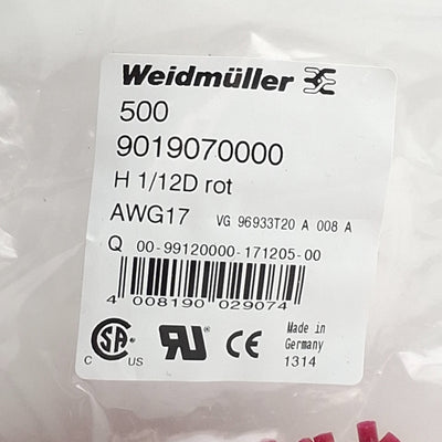 New Lot of 500 Weidmuller 9019070000 Wire End Ferrule, H1/12D rot, AWG17, 6mm Length