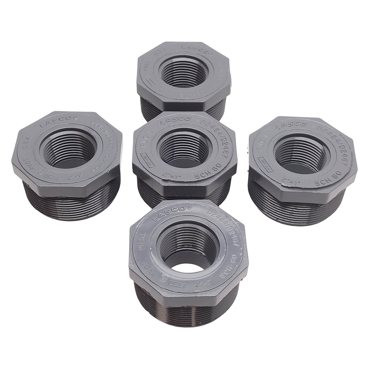 Used Lot of 5 Lasco 839249BC Reducer Bushing, SCH80 PVC, 2in MIPT x 1in FIPT