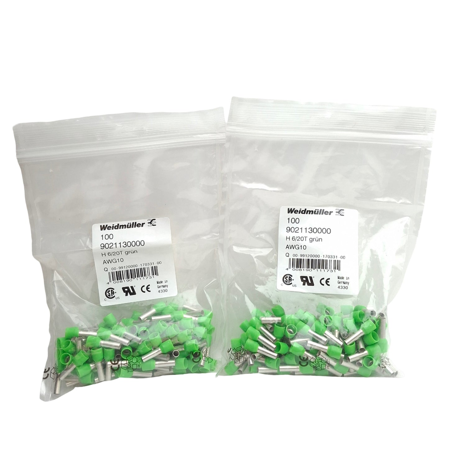 New Lot of 200 Weidmuller 9021130000 Wire End Ferrules, H 6/20T grun, AWG10