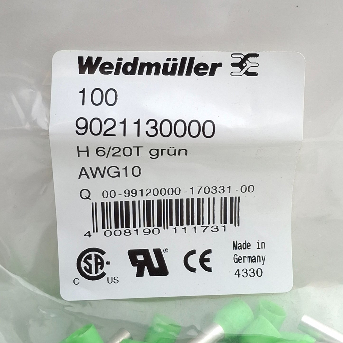 New Lot of 200 Weidmuller 9021130000 Wire End Ferrules, H 6/20T grun, AWG10