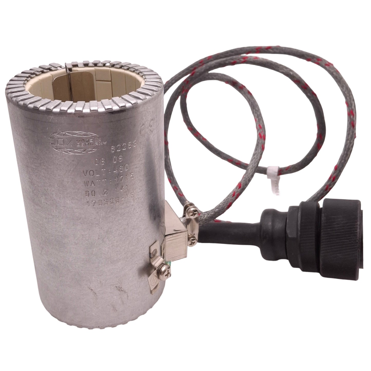 Used 170366-15 Ceramic Heater Band 460V 1715W, ø60mm ID, 141mm Length, 3-Pin Plug