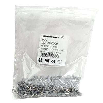 New Lot of 500 Weidmuller 9019030000 Wire End Ferrules, H0,75/12D grau, AWG18