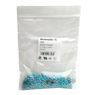 New Lot of 500 Weidmuller 9025770000 Wire End Ferrules, H0,34/12 turkis, AWG22