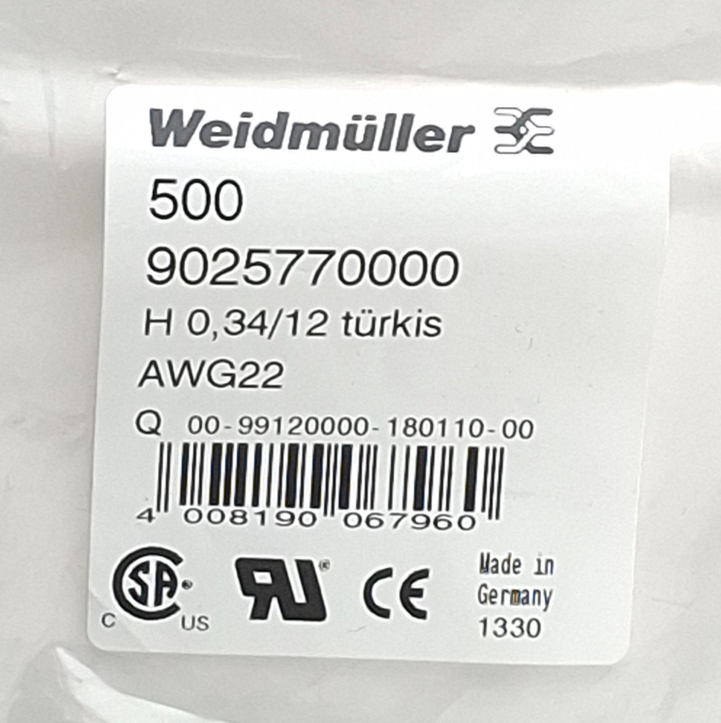 New Lot of 500 Weidmuller 9025770000 Wire End Ferrules, H0,34/12 turkis, AWG22