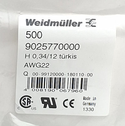 New Lot of 500 Weidmuller 9025770000 Wire End Ferrules, H0,34/12 turkis, AWG22