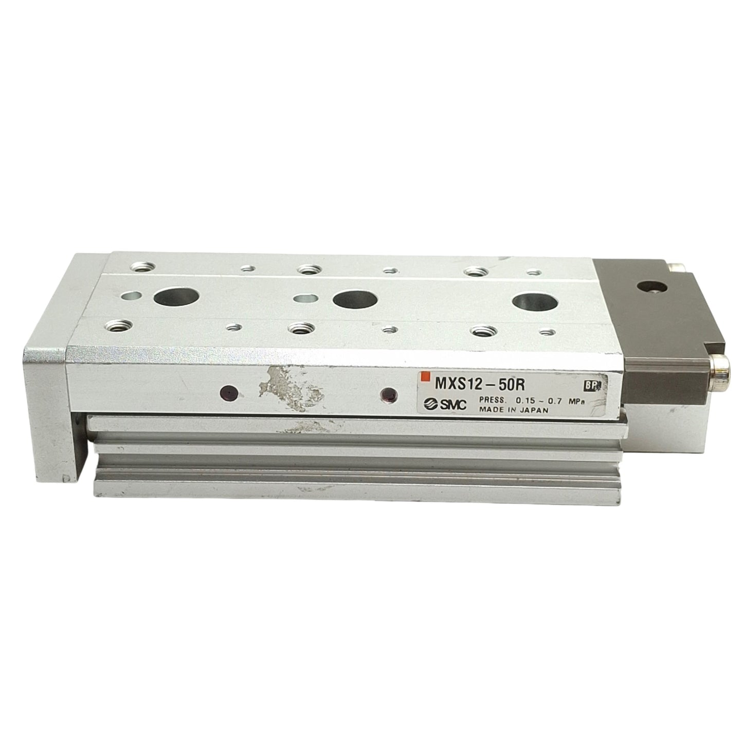Used SMC MXS12-50R Pneumatic Slide Table, 12mm Bore, 50mm Stroke, M5 Port, End Lock