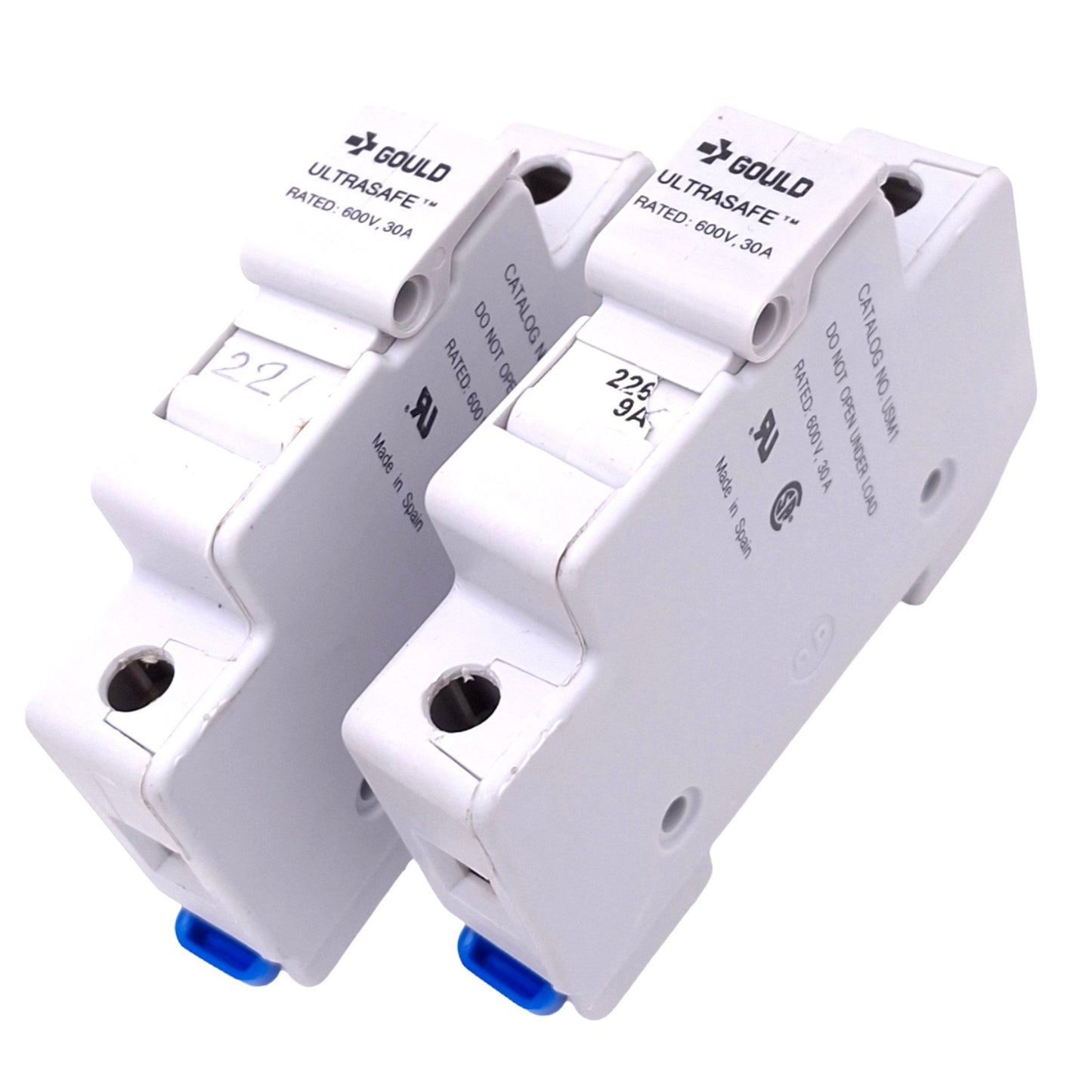 Used Lot of 2 Gould USM1 UltraSafe Midget Fuse Holders, 1-Pole, 600V 30A, DIN Rail