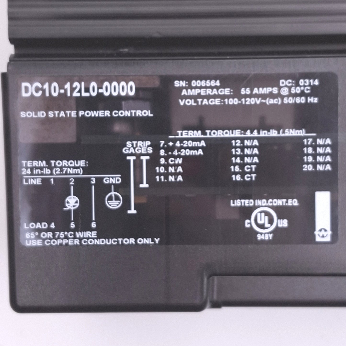 Used Watlow DC10-12L0-0000 DIN-a-mite Solid State Power Controller, 100-120VAC 55A