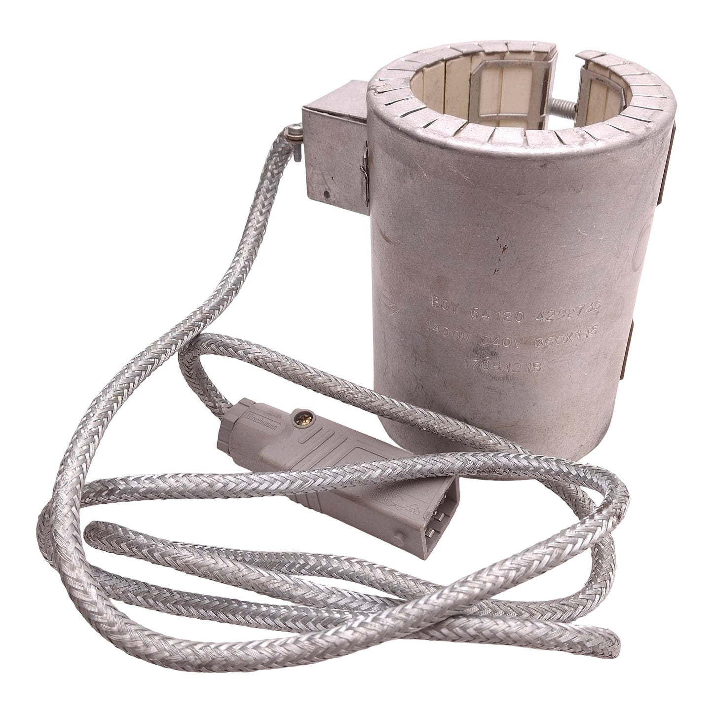 Used 1708121B Ceramic Heater Band 240V 1400W, ø60mm ID, 115mm Length, 3-Pin Plug