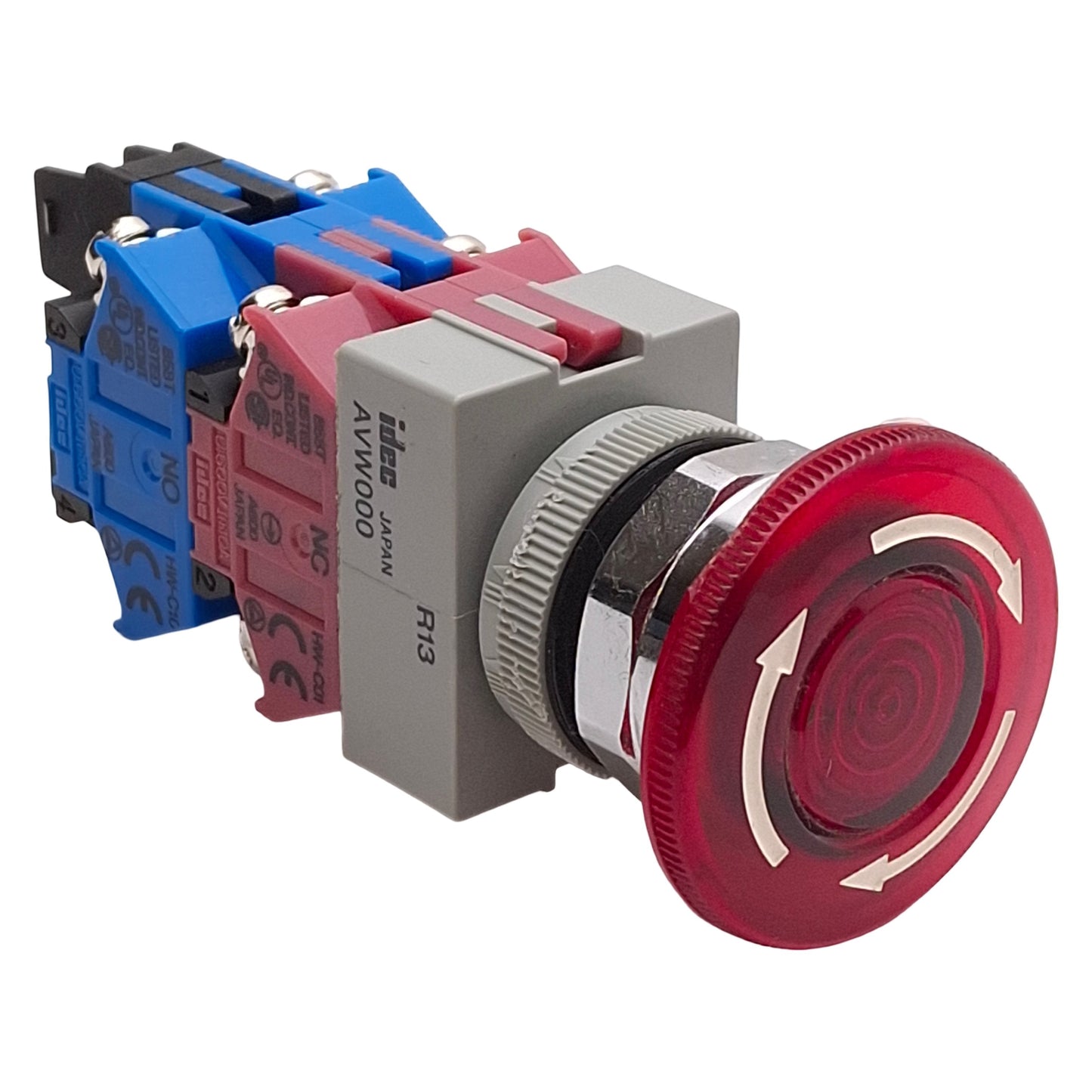 Used Idec AVLW49922D-R-24V Illuminated E-Stop, Twist-Release, 2NO+2NC, 10A 600V