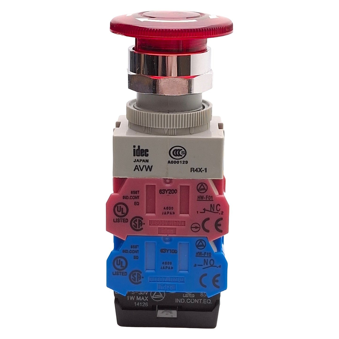 Used Idec AVLW49922D-R-24V Illuminated E-Stop, Twist-Release, 2NO/2NC, 10A 600V
