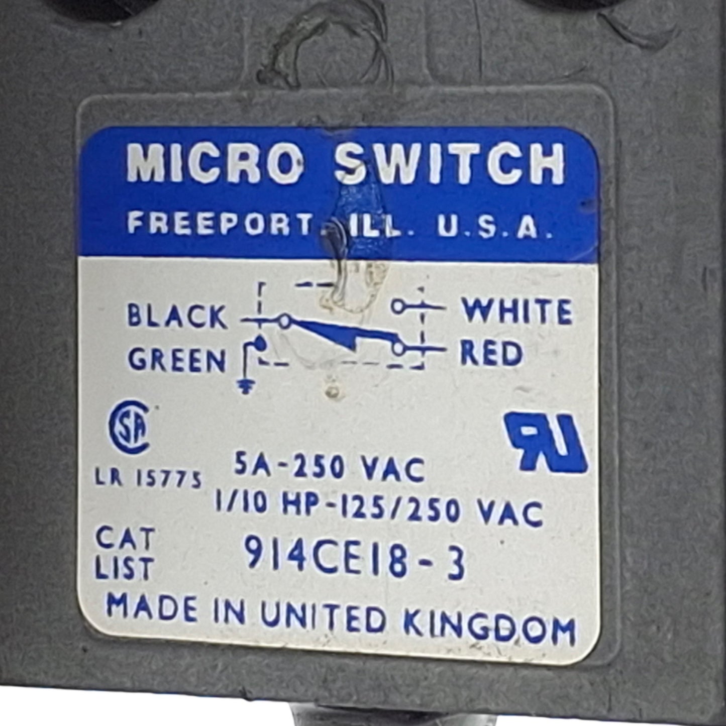Used Honeywell 914CE18-3 MicroSwitch Limit Switch, SPDT, Pin Plunger, 5A 250VAC