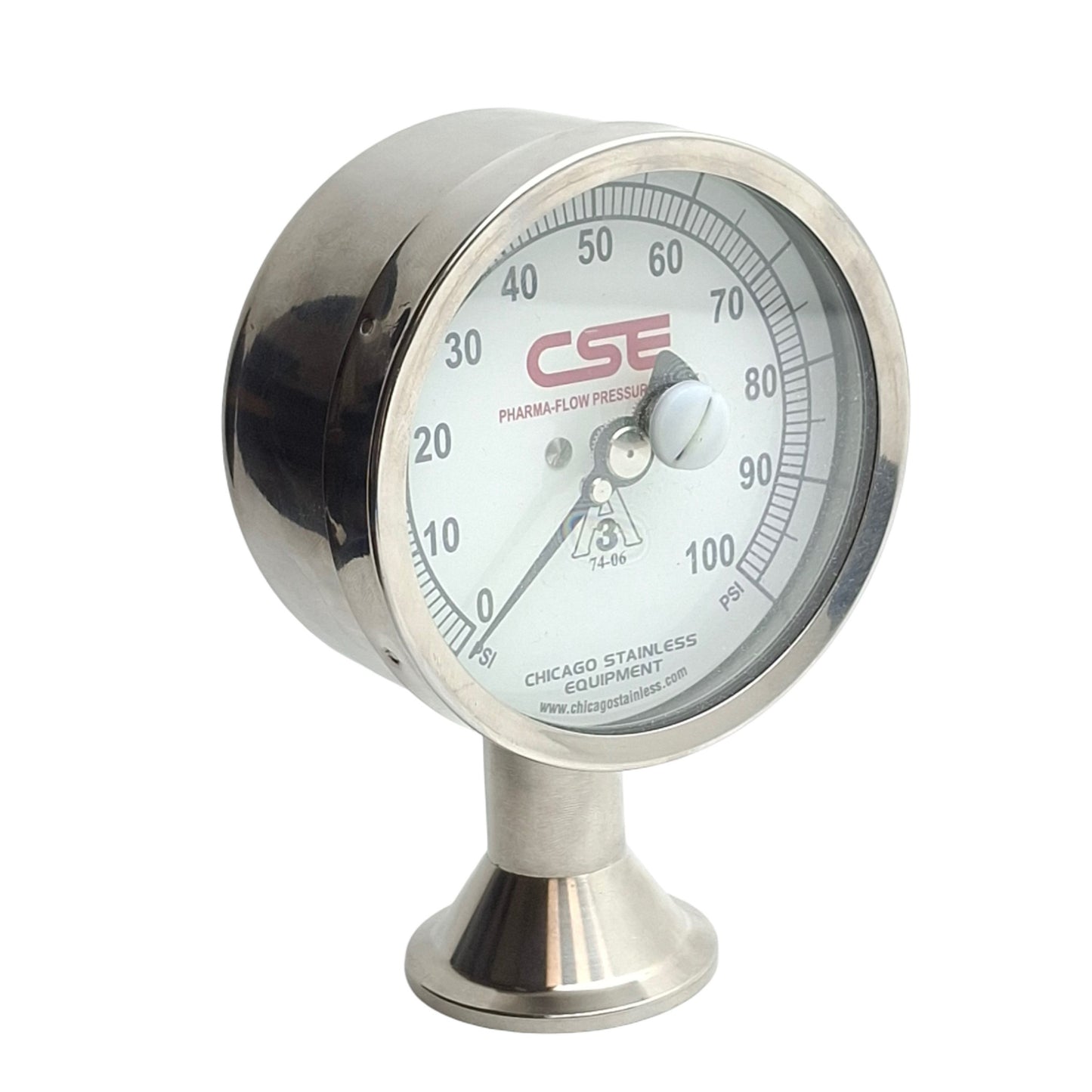 Used Chicago Stainless 3P-D-15U-NF-BT-3GL Pharma-Flow Gauge 0-100psi 1-1/2in Triclamp