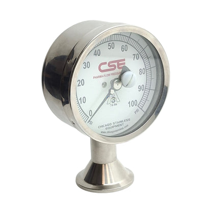 Used Chicago Stainless 3P-D-15U-NF-BT-3GL Pharma-Flow Gauge 0-100psi 1-1/2in Triclamp