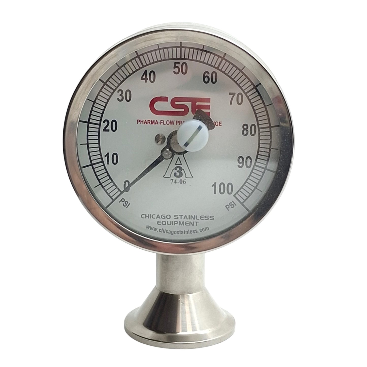 Used Chicago Stainless 3P-D-15U-NF-BT-3GL Pharma-Flow Gauge 0-100psi 1-1/2in Triclamp