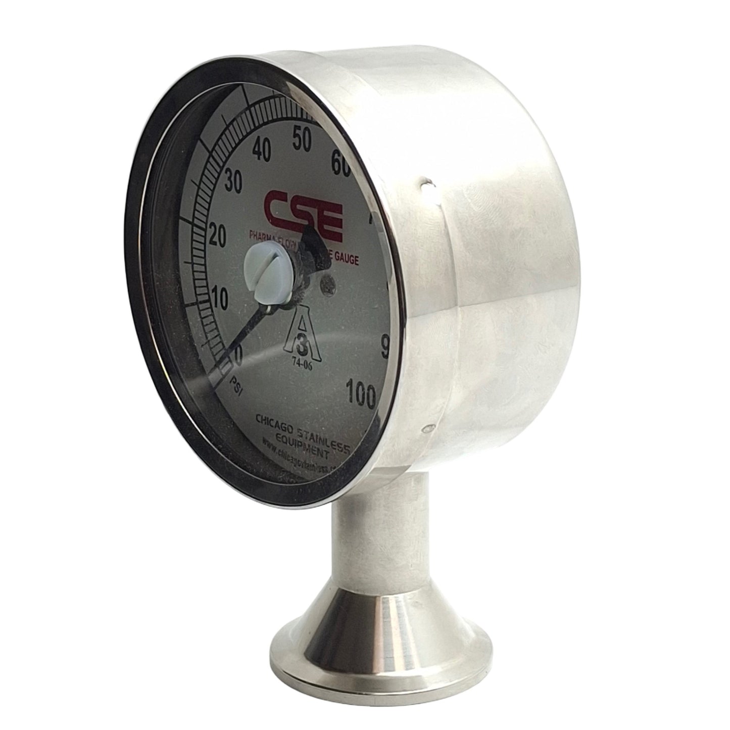 Used Chicago Stainless 3P-D-15U-NF-BT-3GL Pharma-Flow Gauge 0-100psi 1-1/2in Triclamp