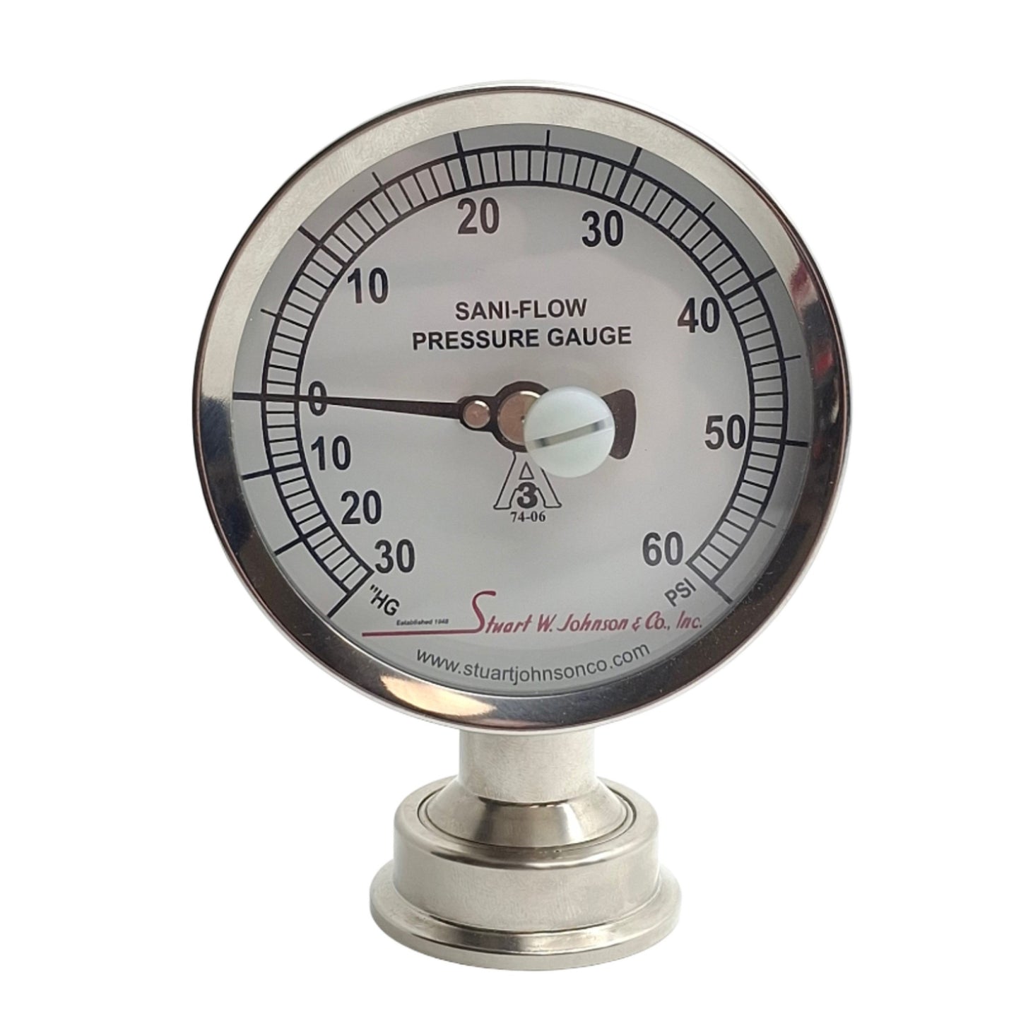 Used Chicago Stainless 3S-N-15U-NF-BT-SS-CG Sani-Flow Gauge, 30in/Hg to 60Psi
