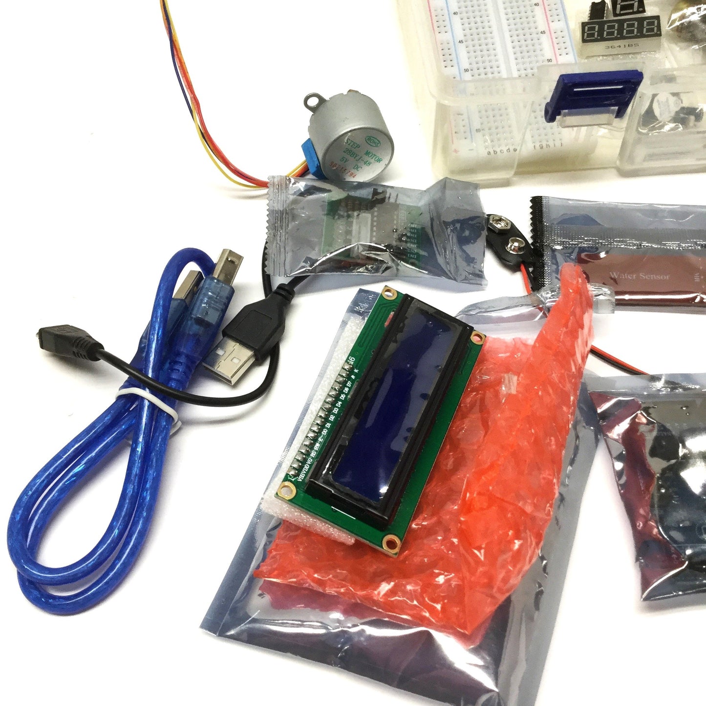 New – Open box Kit of Components Compatible with Arduino UNO; Sensors, Servos, LEDs, LCD, etc.
