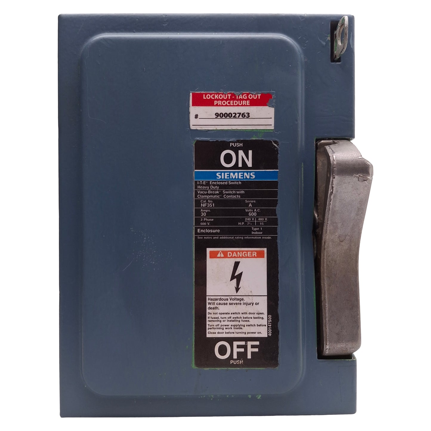Used Siemens NF351 Enclosed Disconnect Switch 2-Pole, 30A, 600VAC, Type 1 Enclosure