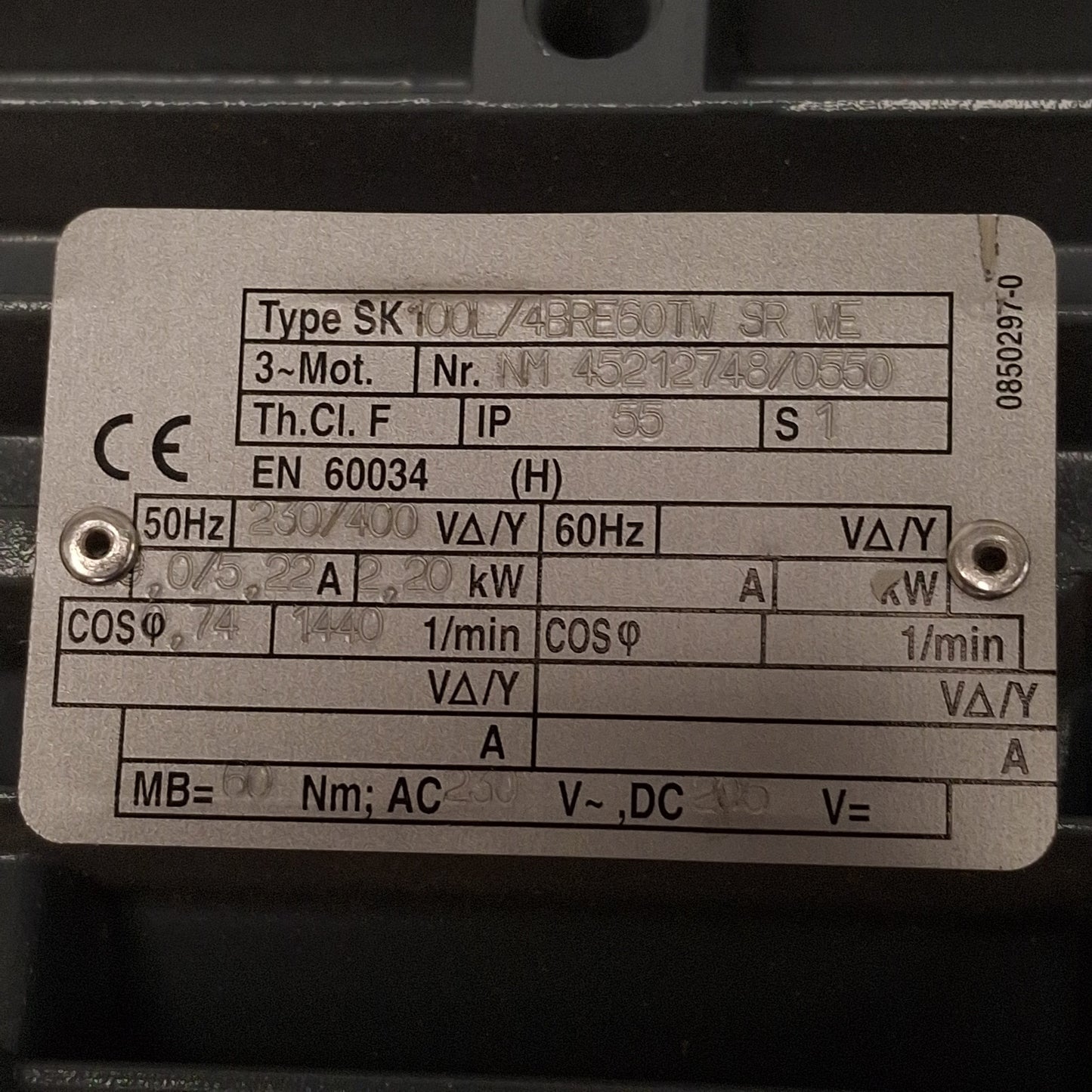 Used Nord SK 2282AZ-100 L4 BRE60 SR TW CLINCHER Gearmotor, 11.81:1, 119rpm, 230Δ/400Y