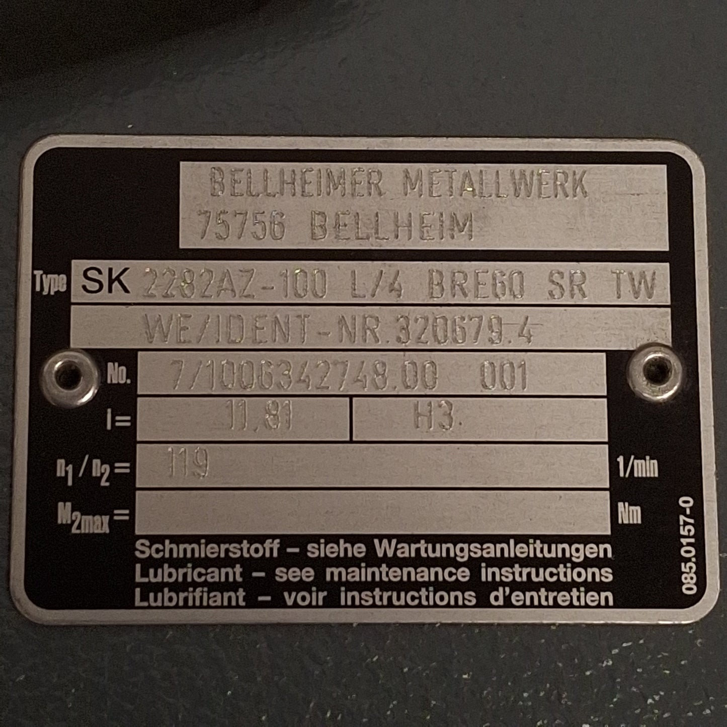 Used Nord SK 2282AZ-100 L4 BRE60 SR TW CLINCHER Gearmotor, 11.81:1, 119rpm, 230Δ/400Y
