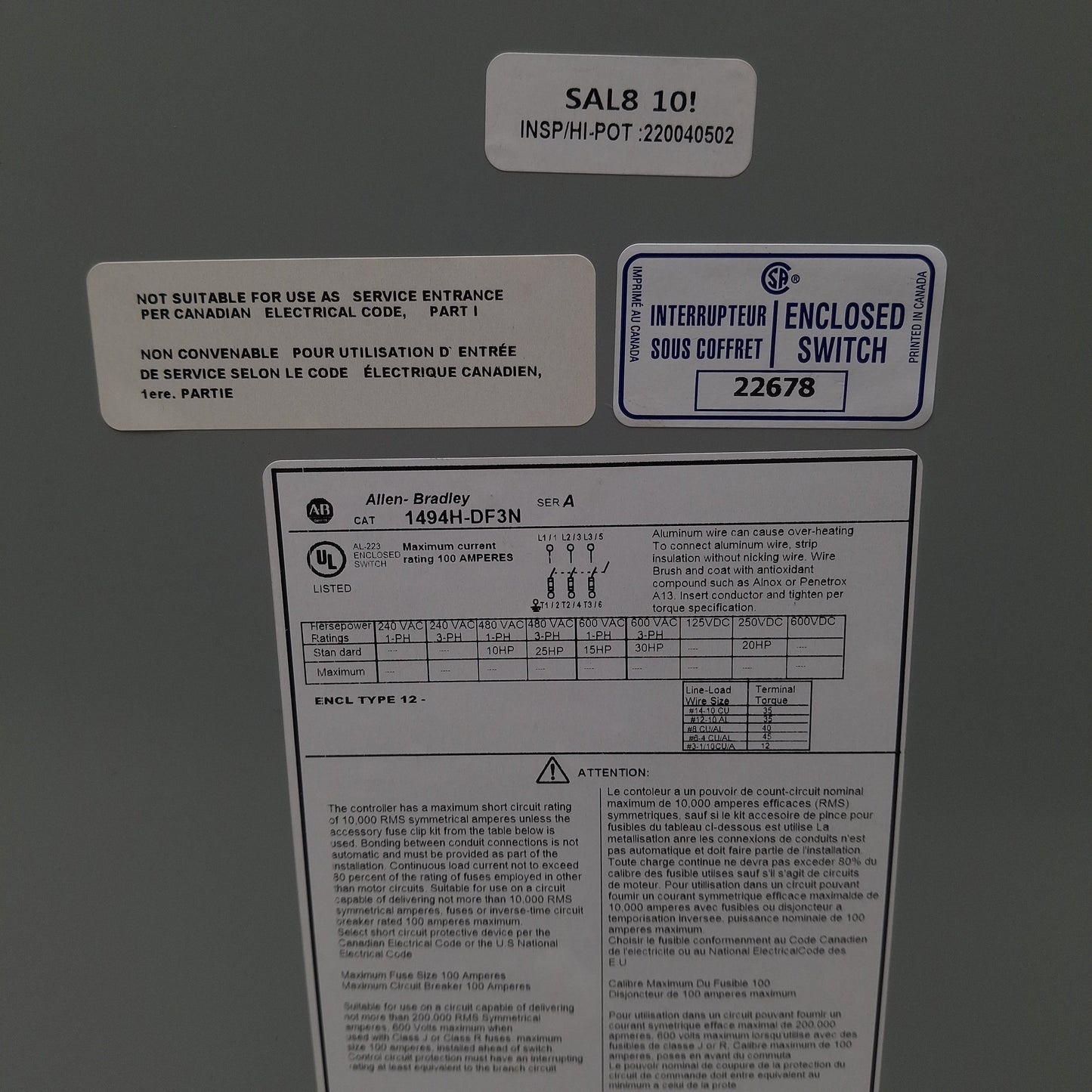 New – Open box Allen Bradley 1494H-DF3N Heavy Duty Safety Switch, 3-Pole, 100A 600VAC/250VDC