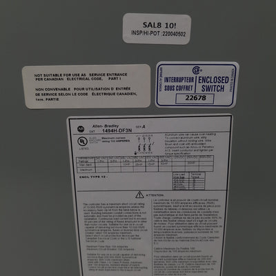 New – Open box Allen Bradley 1494H-DF3N Heavy Duty Safety Switch, 3-Pole, 100A 600VAC/250VDC