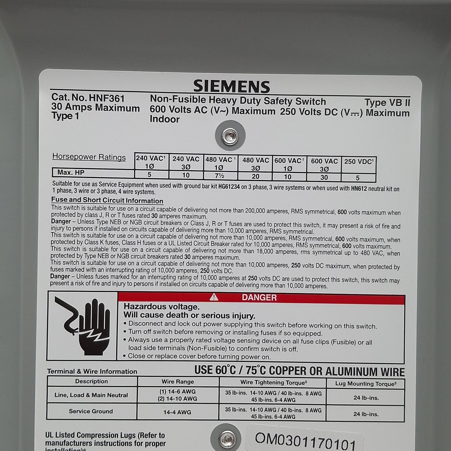 Used Siemens HNF61 Heavy Duty Safety Switch, 3-Pole, 30A 600VAC/250VDC 3W, Type 1