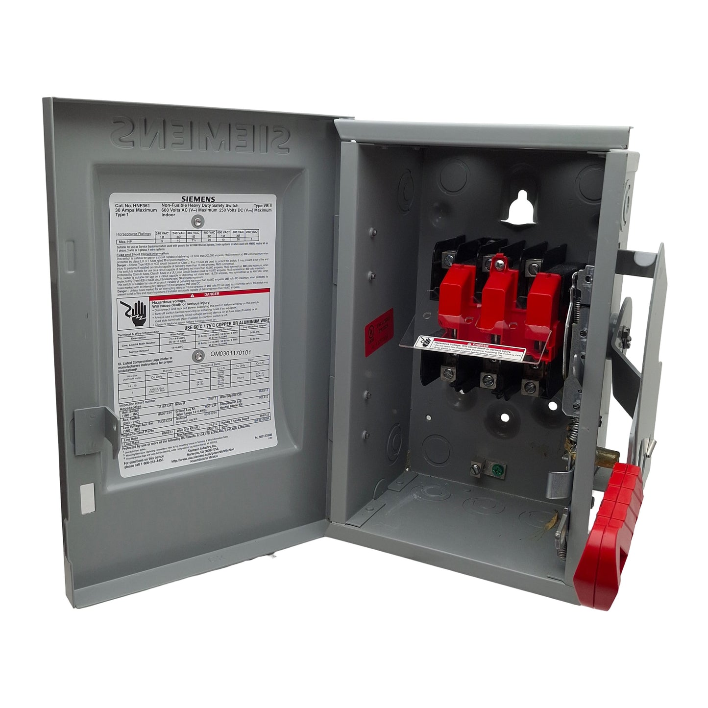 Used Siemens HNF61 Heavy Duty Safety Switch, 3-Pole, 30A 600VAC/250VDC 3W, Type 1