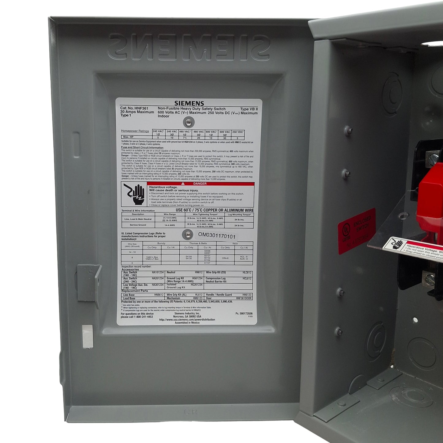 Used Siemens HNF61 Heavy Duty Safety Switch, 3-Pole, 30A 600VAC/250VDC 3W, Type 1