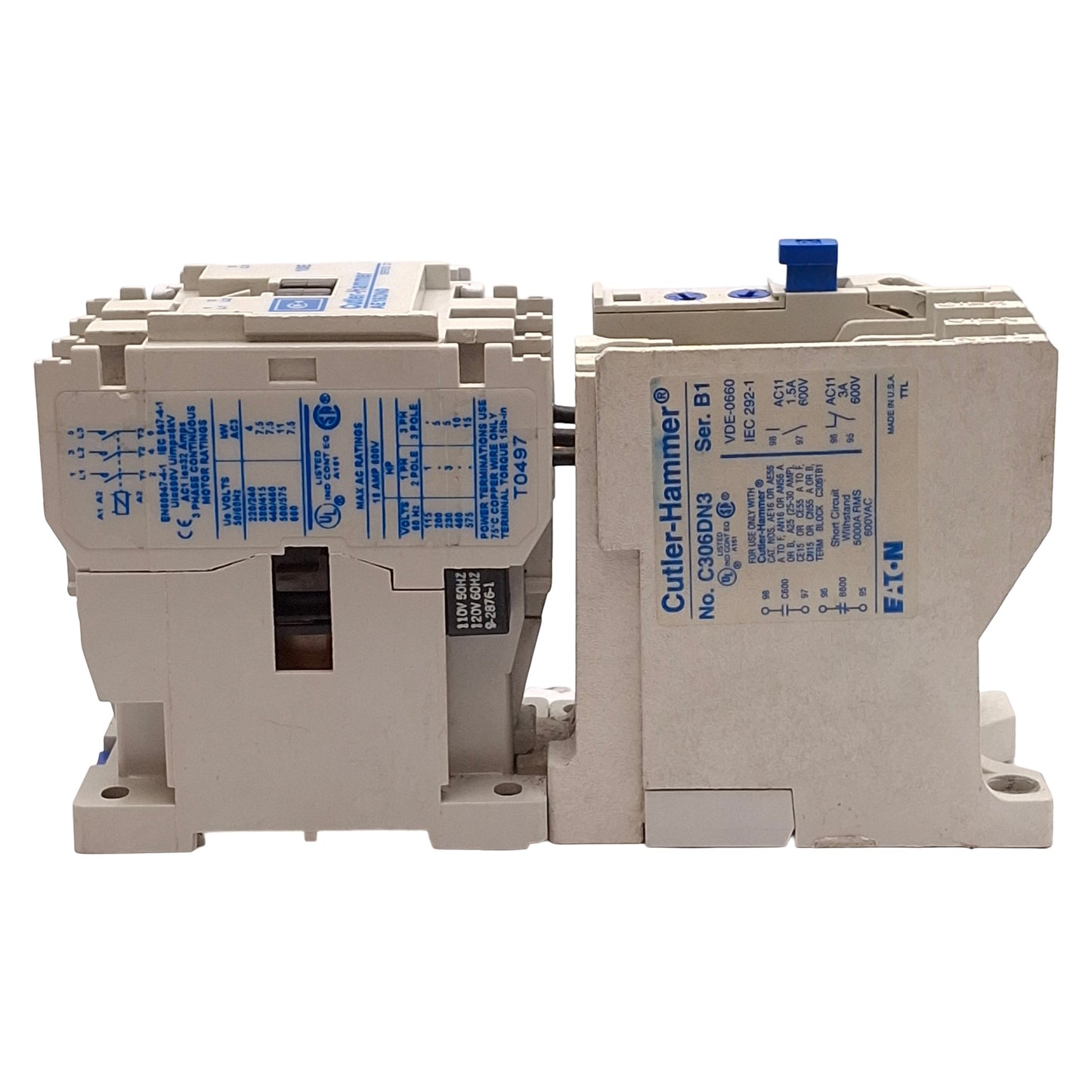 Used Cutler-Hammer AE16DN0 + C306DN3 Contactor, 3P+1NO Aux, 18A 600VAC, 120VAC Coil