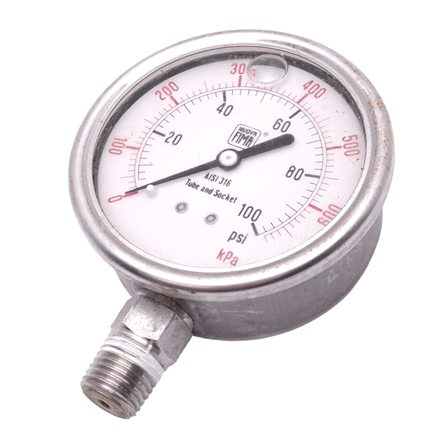 Used Nuova Fima 1.18.3.D.C.0/600PSI.21M Pressure Gauge, 2-1/2in, 100psi, 1/4" NPT