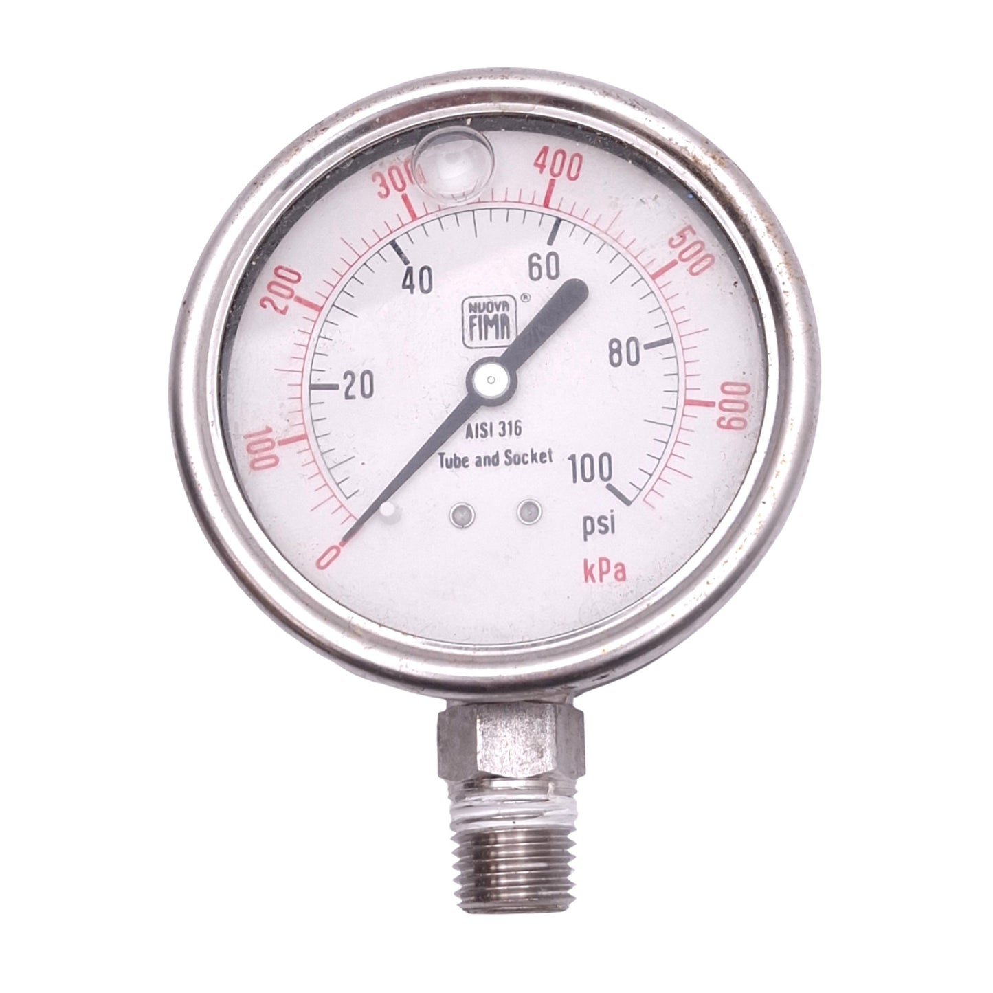 Used Nuova Fima 1.18.3.D.C.0/600PSI.21M Pressure Gauge, 2-1/2in, 100psi, 1/4" NPT