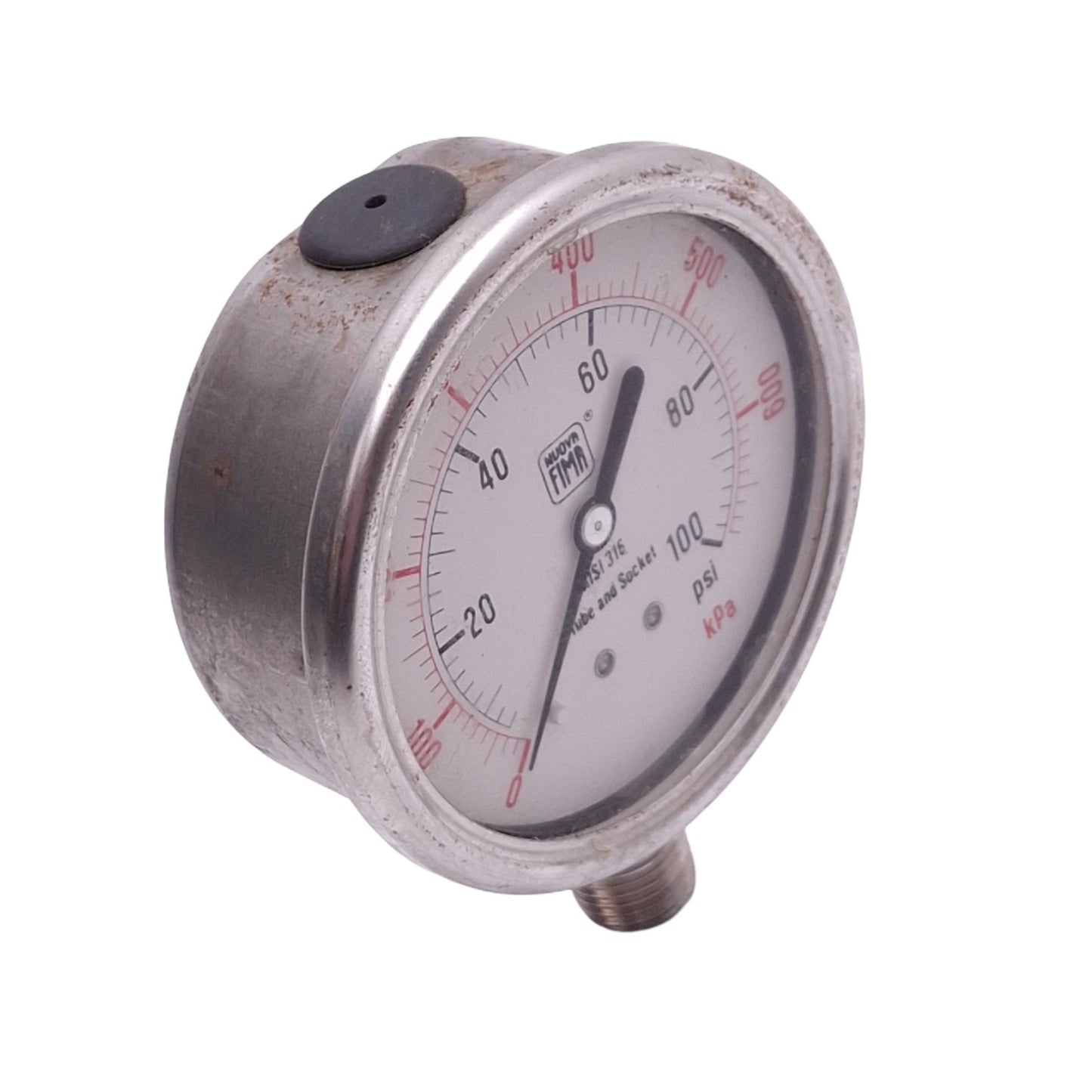 Used Nuova Fima 1.18.3.D.C.0/600PSI.21M Pressure Gauge, 2-1/2in, 100psi, 1/4" NPT