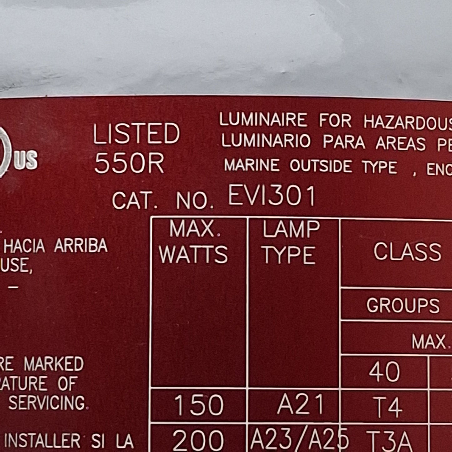 Used Eaton Crouse-Hinds EVI301 Explosion-Proof Light Fixture, 120VAC, 300W, *No Bulb*