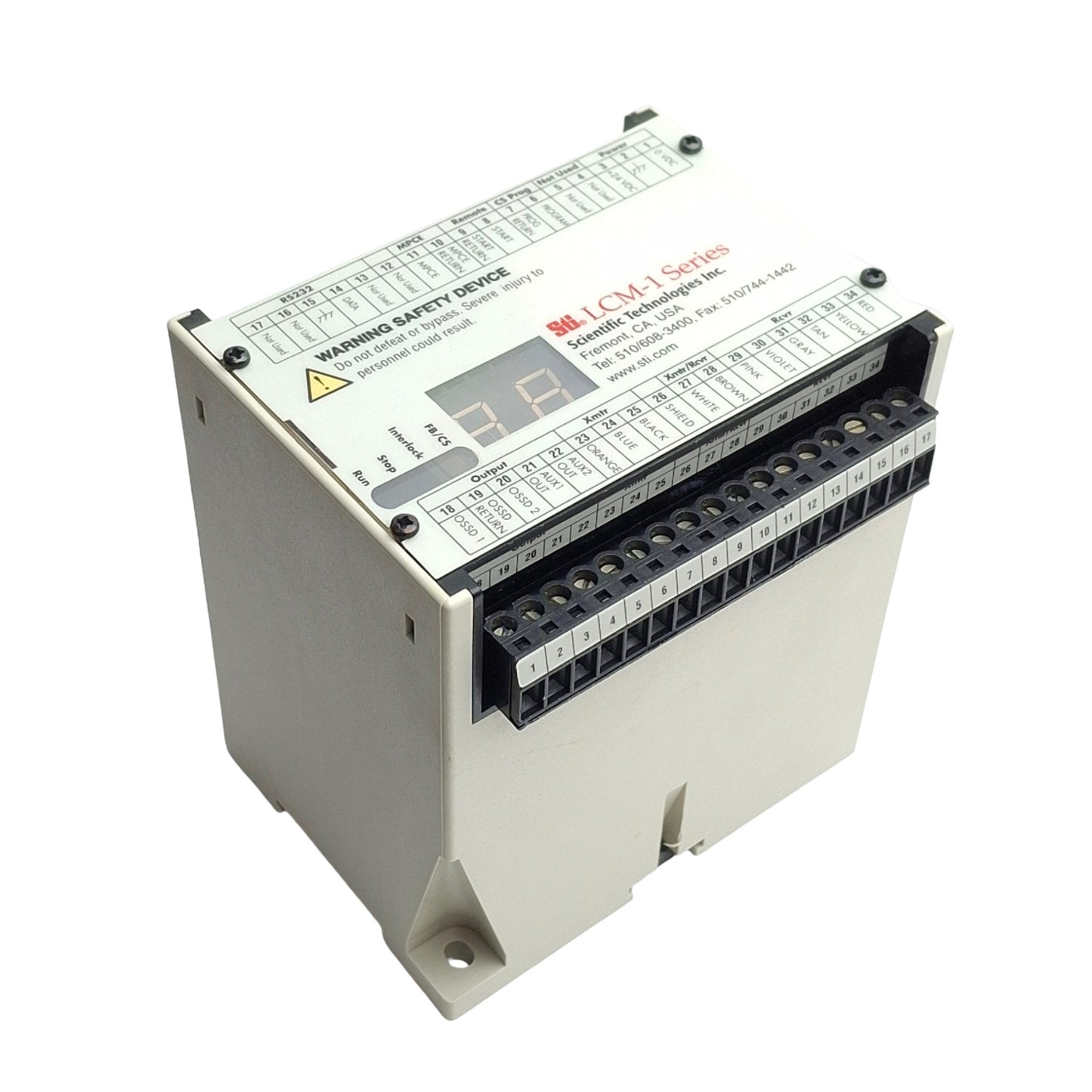 Used Sti 70116-1000 LCM-1 Light Curtain Safety Controller, PNP, 24VDC 1.7A, DIN Mount