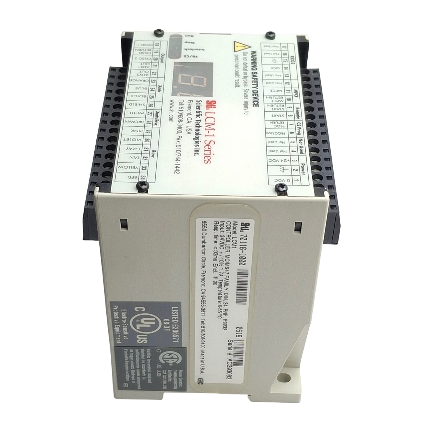 Used Sti 70116-1000 LCM-1 Light Curtain Safety Controller, PNP, 24VDC 1.7A, DIN Mount
