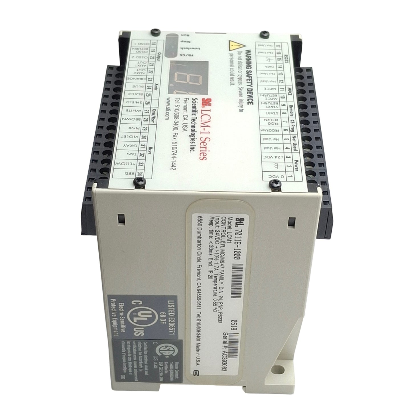 Used Sti 70116-1000 LCM-1 Light Curtain Safety Controller, PNP, 24VDC 1.7A, DIN Mount