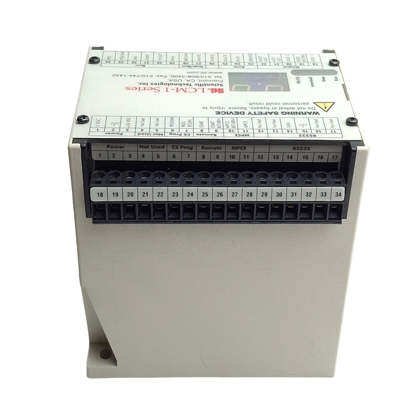 Used Sti 70116-1000 LCM-1 Light Curtain Safety Controller, PNP, 24VDC 1.7A, DIN Mount
