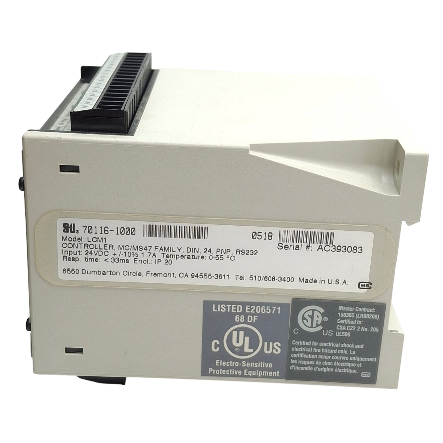 Used Sti 70116-1000 LCM-1 Light Curtain Safety Controller, PNP, 24VDC 1.7A, DIN Mount