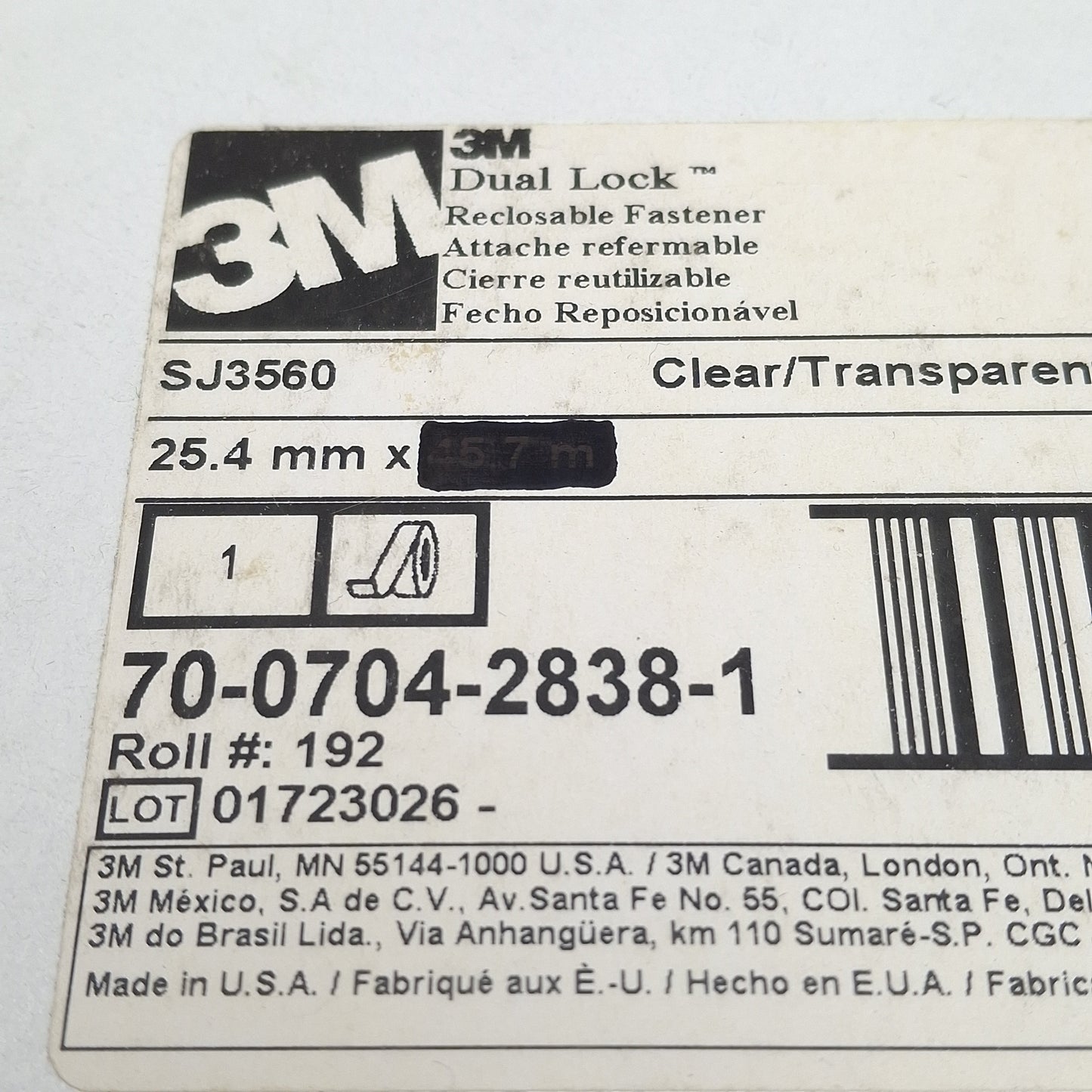 Used 3M Dual Lock 70-0704-2838-1 SJ3560 Reclosable Fastener, Clear, 1in W x 20yd