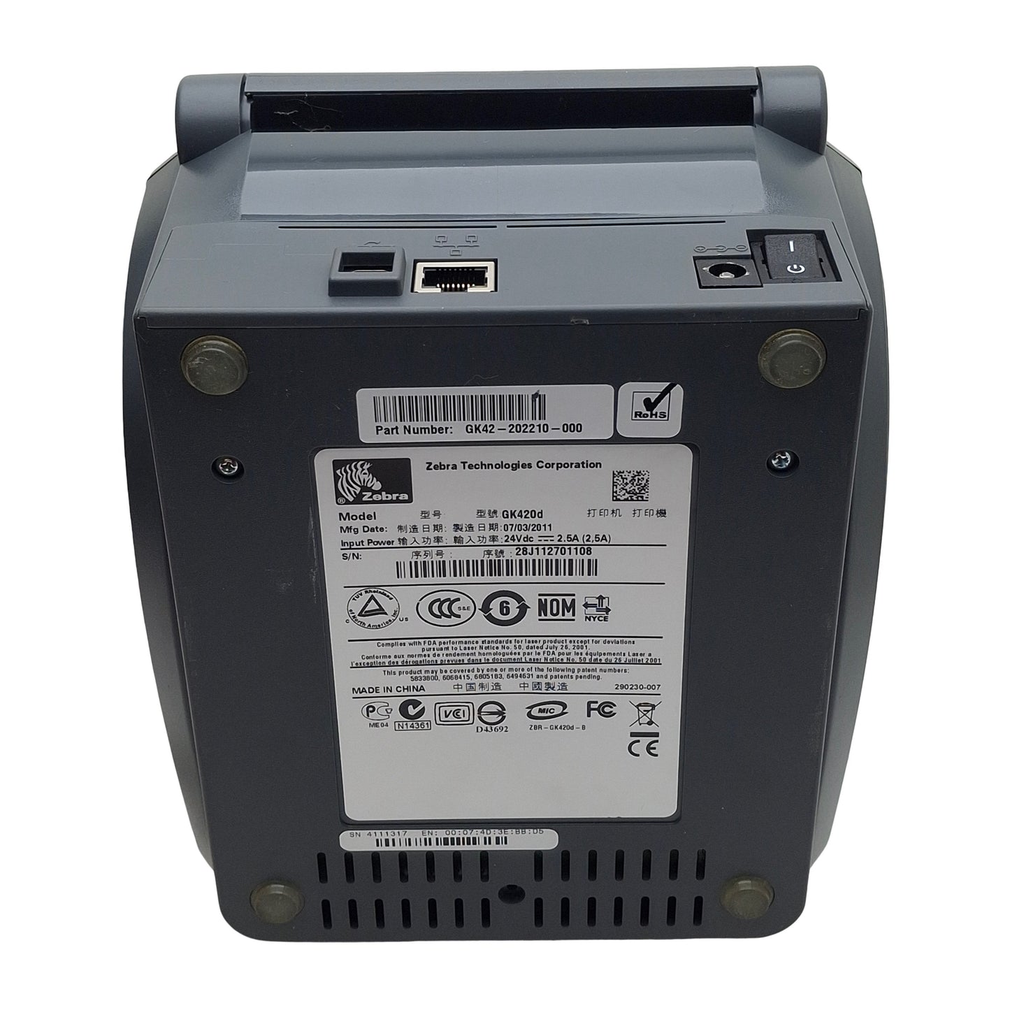 Used Zebra GK42-202210-000 GK420D Thermal Barcode Printer, 203dpi, 4in Width, 24VDC