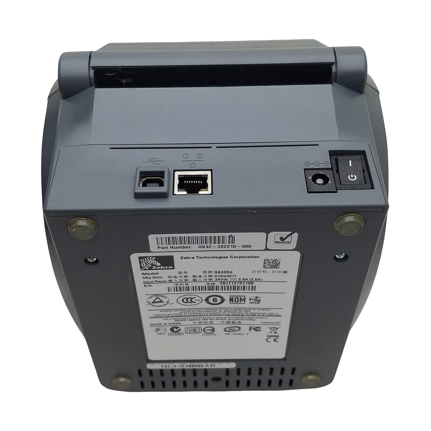 Used Zebra GK42-202210-000 GK420D Thermal Barcode Printer, 203dpi, 4in Width, 24VDC
